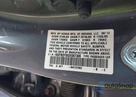 2013 Honda Civic Lx z USA, uszkodzony, nr VIN 19XFB2F55DE067306